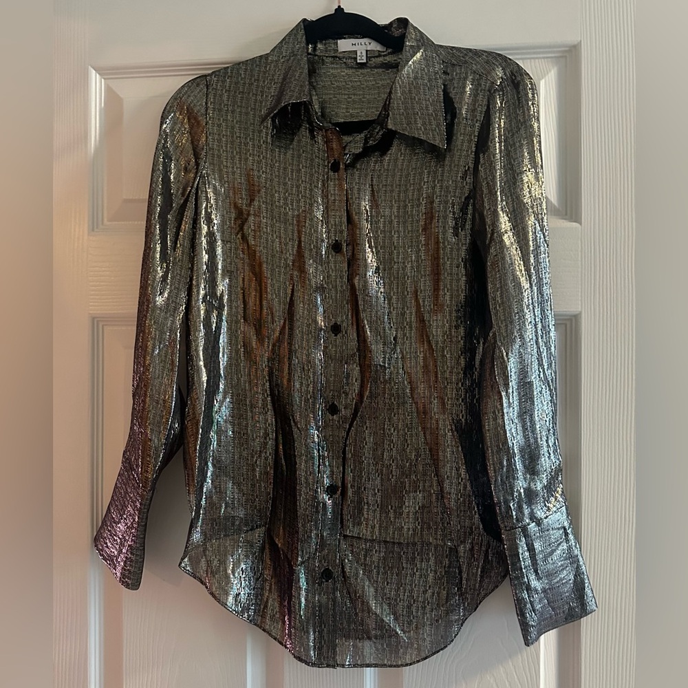 Milly Silk and Metallic Black and Gold Button-Up Shirt